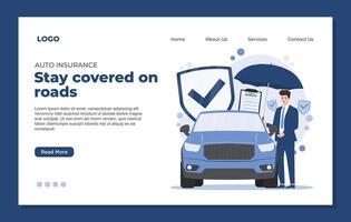 landing page template Car auto Insurance agent with documents and car. illustration in flat style vector