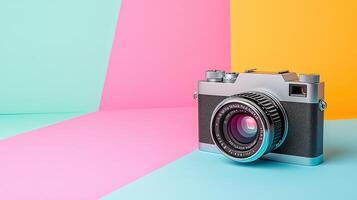 Vintage Camera on Colorful Background with Pink and Blue Shapes photo