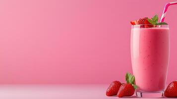 Refreshing Strawberry Smoothie in Clear Glass on Pink Background photo