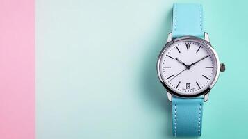 Elegant Blue Strap Watch on Soft Colorful Background photo