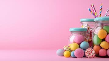 Colorful Candy and Treats in Glass Jars on Pink Background photo