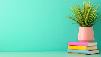 Vibrant Greenery and Colorful Books on a Bright Turquoise Surface photo