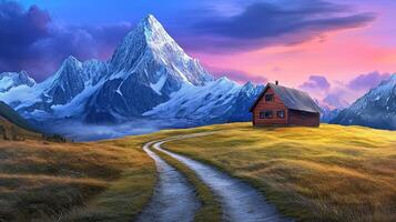 Serene Mountain Landscape with Cabin under Dramatic Sky at Sunset photo
