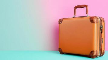 Stylish Orange Retro Suitcase Against Colorful Pastel Background photo