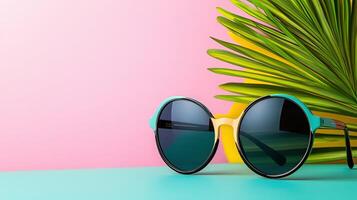 Stylish Sunglasses Placement with Colorful Background and Palm Leaf photo