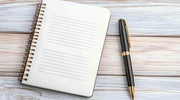 Blank Notebook with Pen on Wooden Table for Writing Ideas photo