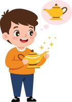 A cheerful boy holding a magical lamp with sparkles around him in a bright flat design illustration vector