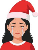 Sad girl wearing a red Christmas hat with tears streaming down her face in a minimal flat design illustration vector