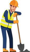 Construction worker in safety gear using a shovel to dig on a worksite in a flat, colorful illustration vector