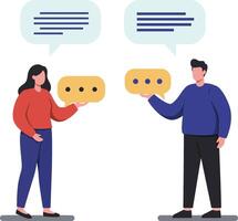 Two diverse individuals engaging in conversation with speech bubbles, featuring a flat design style, showcasing communication concepts in art vector