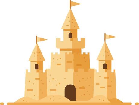 Sandcastle with three towers and flags in a flat design style showcasing a playful beach atmosphere in art vector
