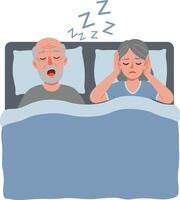 A couple in bed with one partner snoring loudly while the other looks distressed in a flat illustration of nighttime discomfort vector