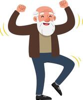 Happy elderly man dancing joyfully in a flat design style with cheerful expressions and animated movements, showcasing vibrant colors in this engaging illustration vector