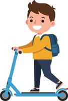 Happy boy riding a blue scooter in a playful, minimal, cartoonish style, showcasing joy and freedom in illustration vector