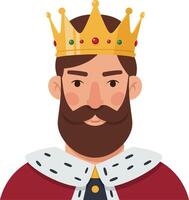 King character wearing a golden crown and royal attire in a flat, colorful style, showcasing confidence and authority, illustration vector