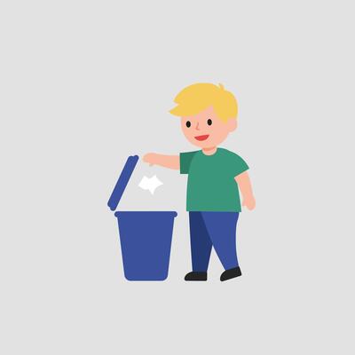A cheerful young boy in a green shirt happily recycling paper into a blue trash bin in a flat art style illustration