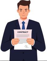 A businessman holding a contract with a confident smile in a minimal flat design art style showcasing professionalism and clarity in a corporate setting. vector