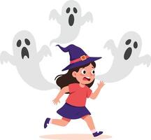 A young girl in a witch hat running from three playful ghosts in a colorful flat illustration vector