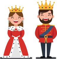 Royal couple standing side by side in colorful attire, smiling joyfully, featuring a flat design style illustration vector