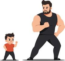 A muscular man demonstrating strength alongside a small boy in a playful and encouraging pose, showcasing flat art style vector