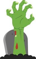 Green zombie hand emerging from a grey tombstone in a flat, minimal style art vector