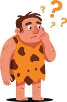 A confused caveman wearing a spotted tunic stands in thought amidst floating question marks in a playful, cartoonish design style, illustration vector