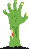 Green zombie hand emerging from dark soil in a flat, minimal design style, creating a spooky atmosphere in art vector
