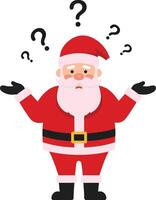 Cheerful Santa Claus in red suit expressing confusion with raised hands in a flat and colorful illustration vector