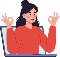 Cheerful woman in a red sweater giving a positive gesture while sitting in front of a laptop, minimal illustration vector