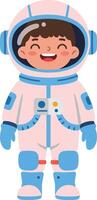 Cheerful young boy wearing a colorful spacesuit in a flat design style, smiling brightly in an imaginative cosmic setting, art vector