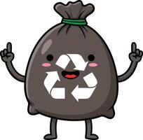 Cheerful cartoon trash bag character with recycling symbol in a playful, minimal design showcasing environmental awareness in art vector
