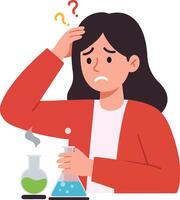 A worried woman in a red jacket holding a flask with green liquid, displaying confusion in a minimal, flat design illustration vector