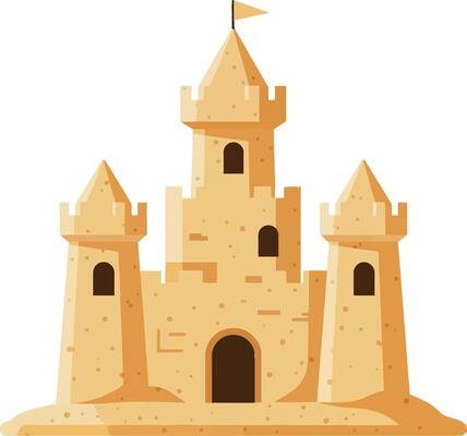 Sandcastle with turrets and a flag, illustrated in a minimal flat style, showcasing a playful beach atmosphere, art