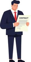 Professional man in a suit holding a contract with a confident smile, minimal illustration depicting a business setting with a positive atmosphere and clear focus on the subject, art vector