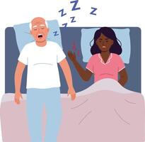 A man snoring loudly while a woman looks annoyed in their bedroom, flat design illustration depicting a humorous nightly scenario vector