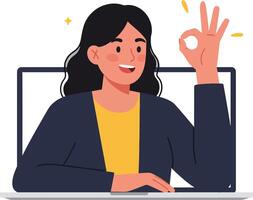 A woman smiling while giving an okay sign in front of a laptop screen, showcasing a minimal and cheerful atmosphere in illustration vector