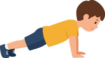 Boy in yellow shirt performing push-ups on a white background in a minimal style illustration vector