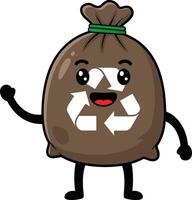 Happy cartoon garbage bag character waving cheerfully in a minimal style with recycling symbol, promoting environmental awareness through illustration vector