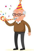 Senior man in a party hat joyfully blowing a party horn with colorful confetti in a cheerful, flat illustration vector