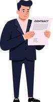 Professional man in a suit examining a contract document with focused expression in a minimal flat illustration vector