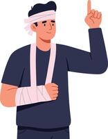 Injured young man with a bandaged arm and head, expressing determination in a flat illustration style, showcasing resilience and hope in a healthcare theme art vector