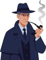 A serious man in a dark trench coat and fedora smoking a pipe in a minimal flat design illustration vector