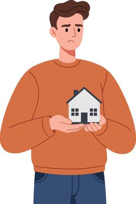 A concerned young man holding a small house model while wearing a cozy orange sweater in a flat illustration