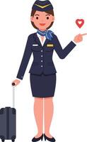 Cheerful flight attendant in a stylish uniform pointing at a heart symbol with a suitcase, flat illustration vector