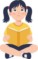 A young girl sitting cross-legged, reading a yellow book with curiosity, in a flat design style, conveying a sense of wonder and exploration, illustration vector
