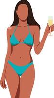 Woman in a turquoise bikini holding a champagne flute, standing confidently with a joyful expression in a flat illustration vector