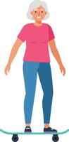 An elderly woman joyfully balancing on a skateboard in a vibrant flat design style representing active lifestyle art vector