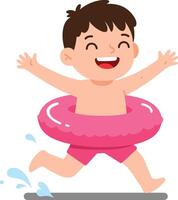 A joyful boy running with excitement in a pink inflatable ring, showcasing a flat design style in vibrant colors, perfect for art vector