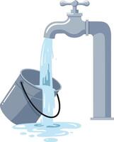 Water pouring from a faucet into a metal bucket in a flat and minimal illustration showcasing a simple yet effective design vector