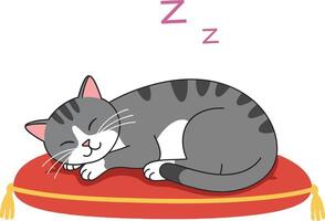 A gray and white cat peacefully sleeping on a round red cushion in a cozy flat design illustration vector